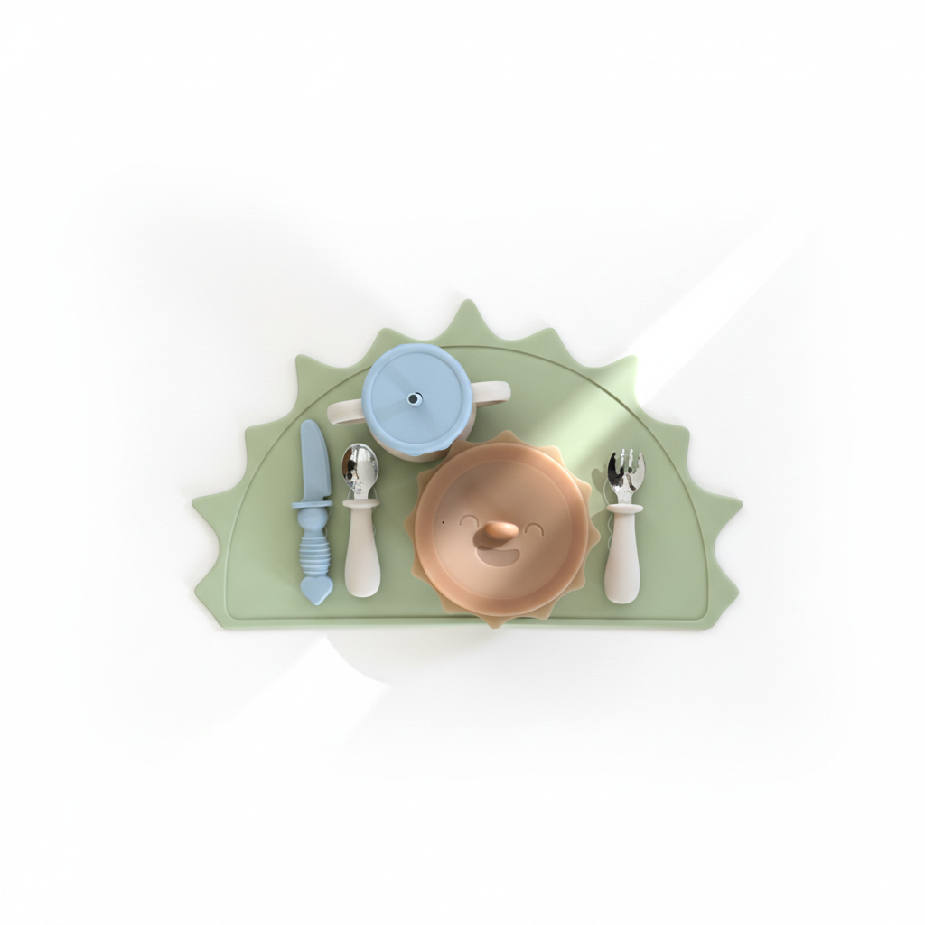 Montessori Tischset in Olive mit Magic Bowl, Besteck und Becher